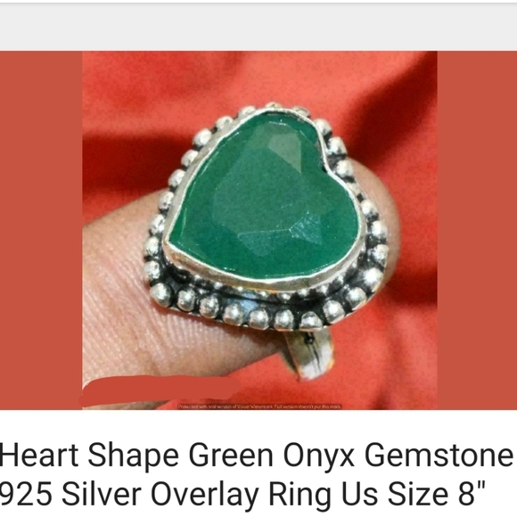 UNIQUE Genuine green onyx silver heart ring 925 Artisan Made - Picture 3 of 3